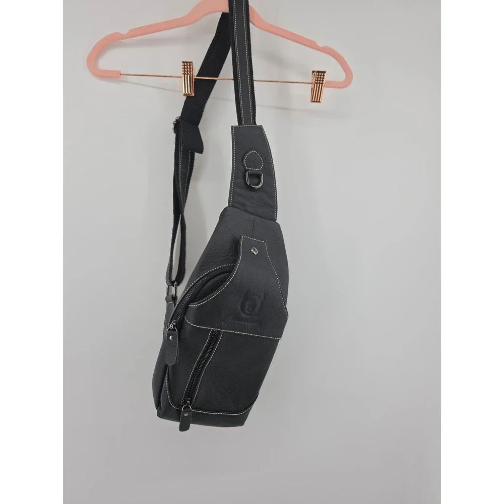 BullCaptain Mens Black Leather Sling Bag Crossbody Chest Pack Travel YB-07 Black